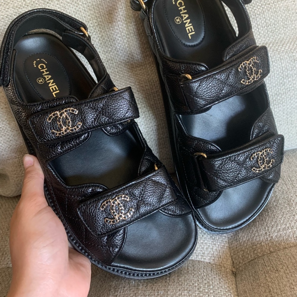 Chanel Dad Sandals Black Caviar Dad Sandal GoldCC Logo Mule Slide Flat size37.5 - Picture 9 of 10